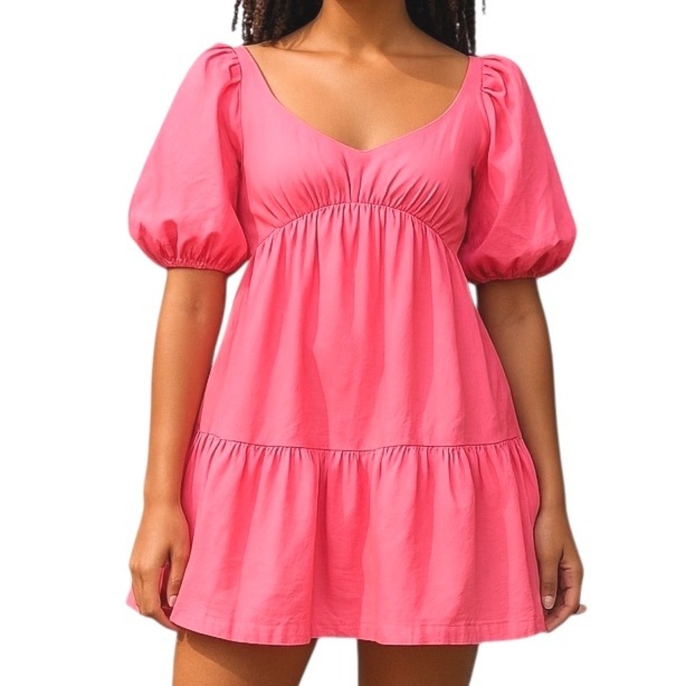 Shore Women's Puffed Sleeve Cut‎ Out Back Mini Baby Doll Dress Pink Size M NWT